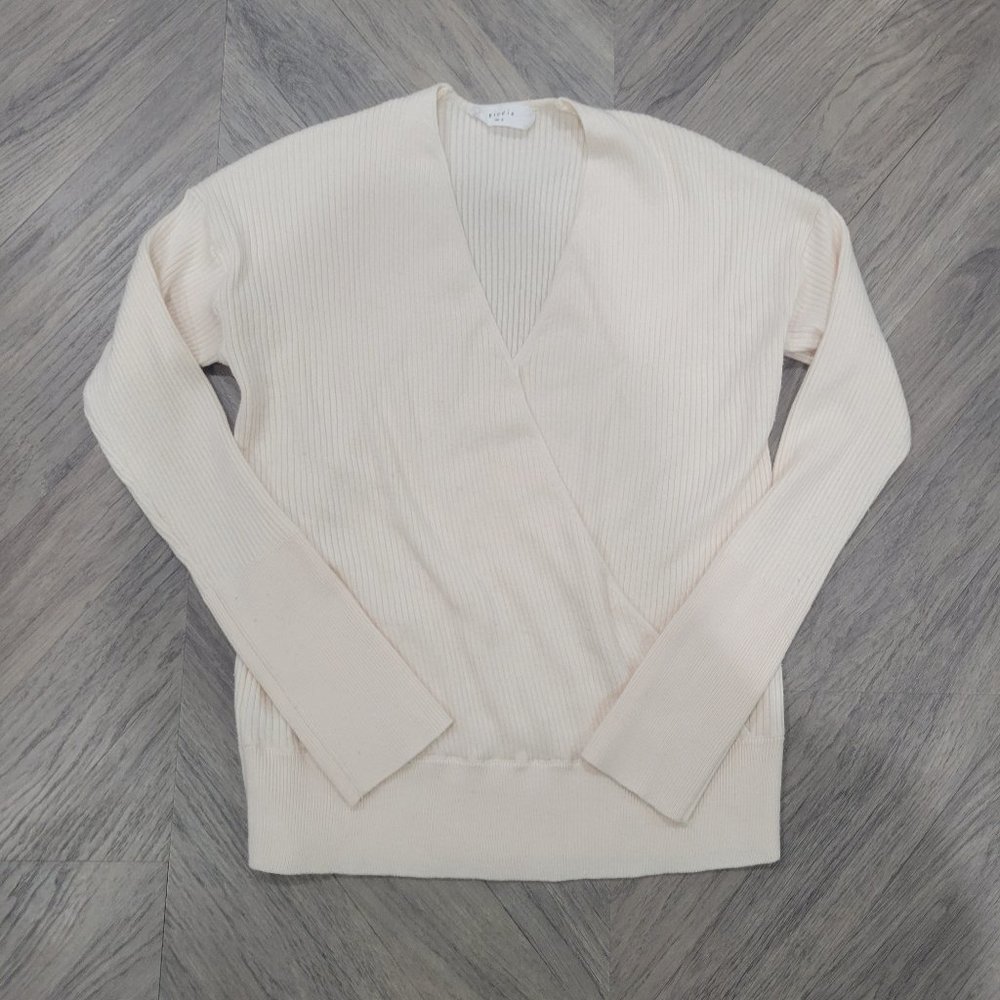 Elodie Faux Wrap V-Neck Sweater Long Sleeve Ribbed Knit Ivory Size Small
